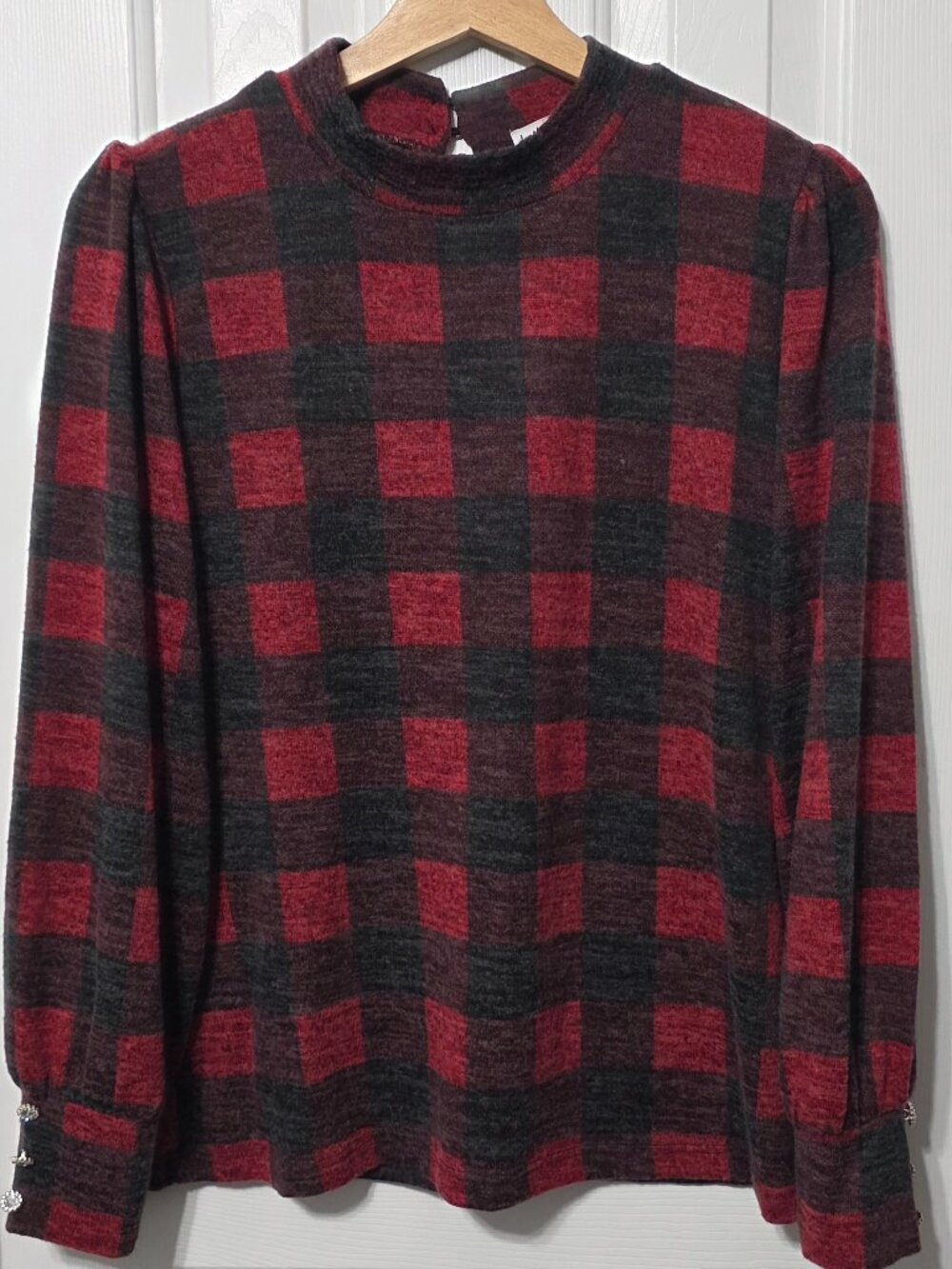 Women's Red Plaid Puff Sleeve Top, Medium